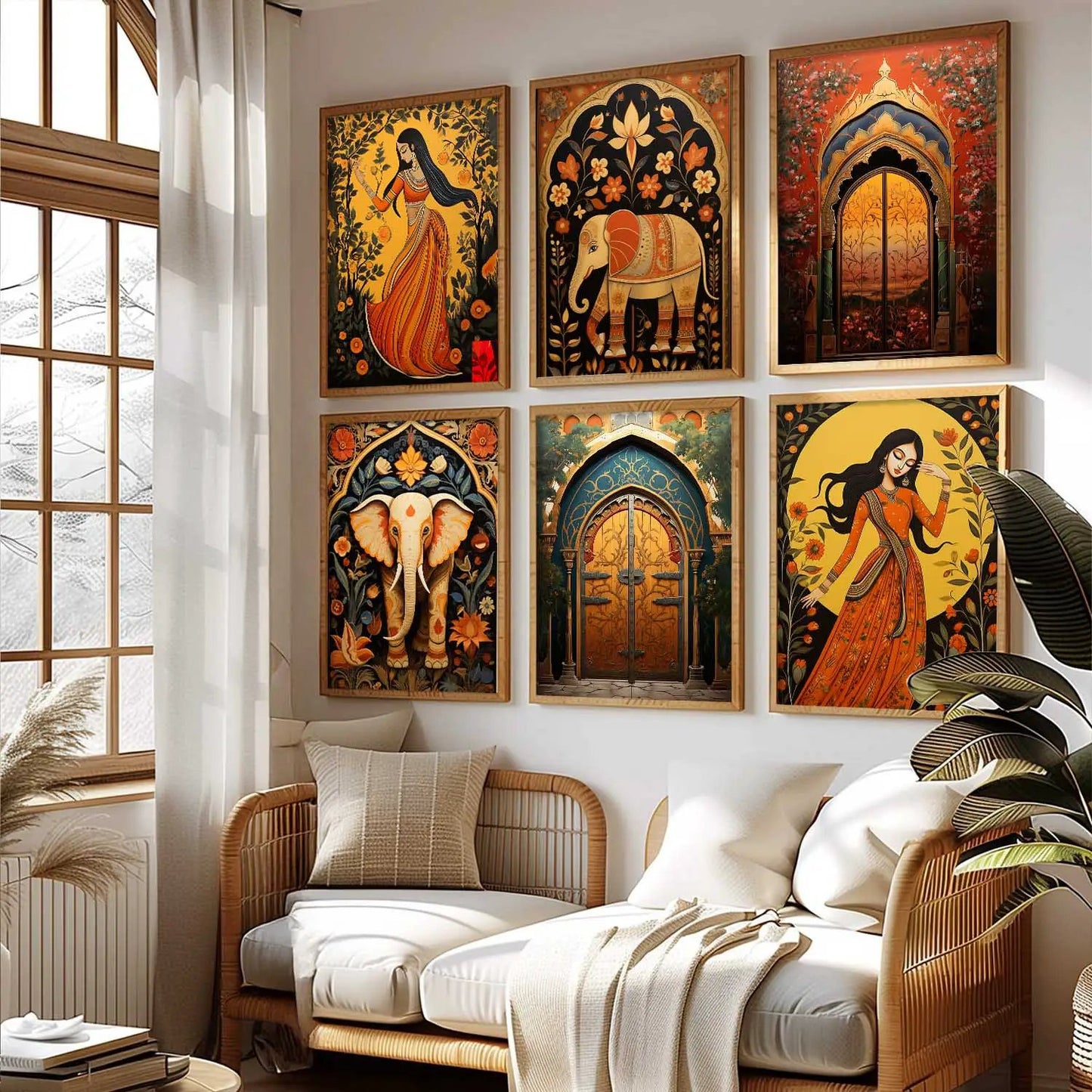 Traditional Indian Inspired Madhubani Art Prints with Frame for Living Room Bedroom Home and Office Wall Decor Set of 6