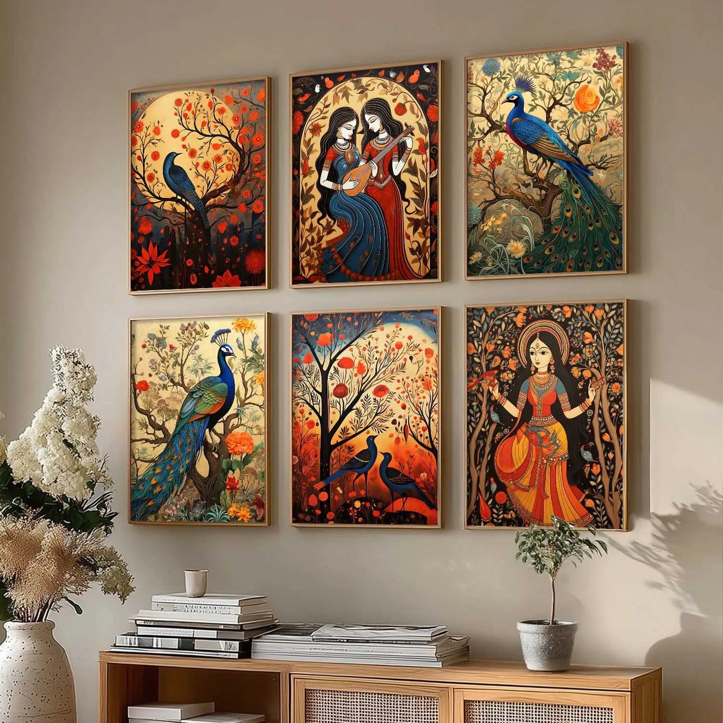 Traditional Indian Inspired Madhubani Art Prints with Frame for Living Room Bedroom Home and Office Wall Decor Set of 6