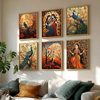 Traditional Indian Inspired Madhubani Art Prints with Frame for Living Room Bedroom Home and Office Wall Decor Set of 6