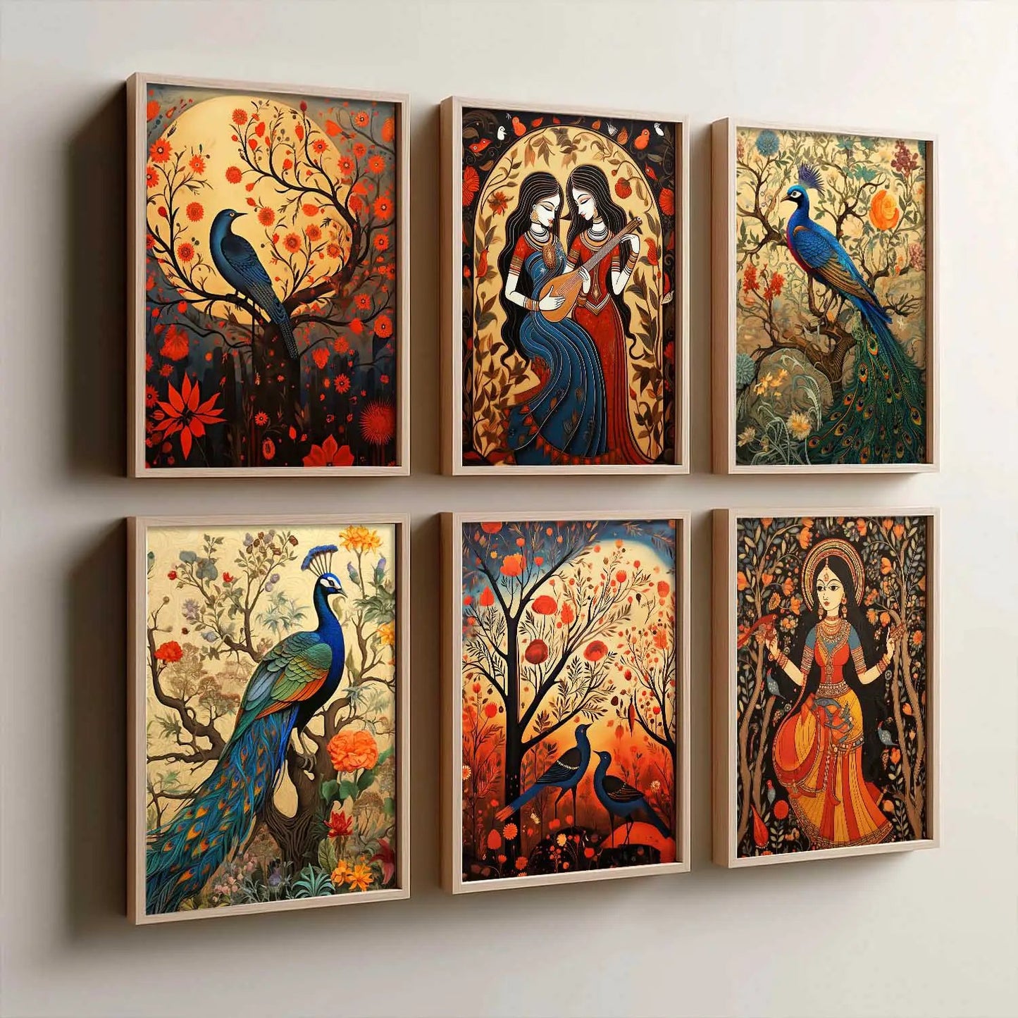 Traditional Indian Inspired Madhubani Art Prints with Frame for Living Room Bedroom Home and Office Wall Decor Set of 6