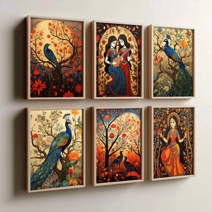 Traditional Indian Inspired Madhubani Art Prints with Frame for Living Room Bedroom Home and Office Wall Decor Set of 6