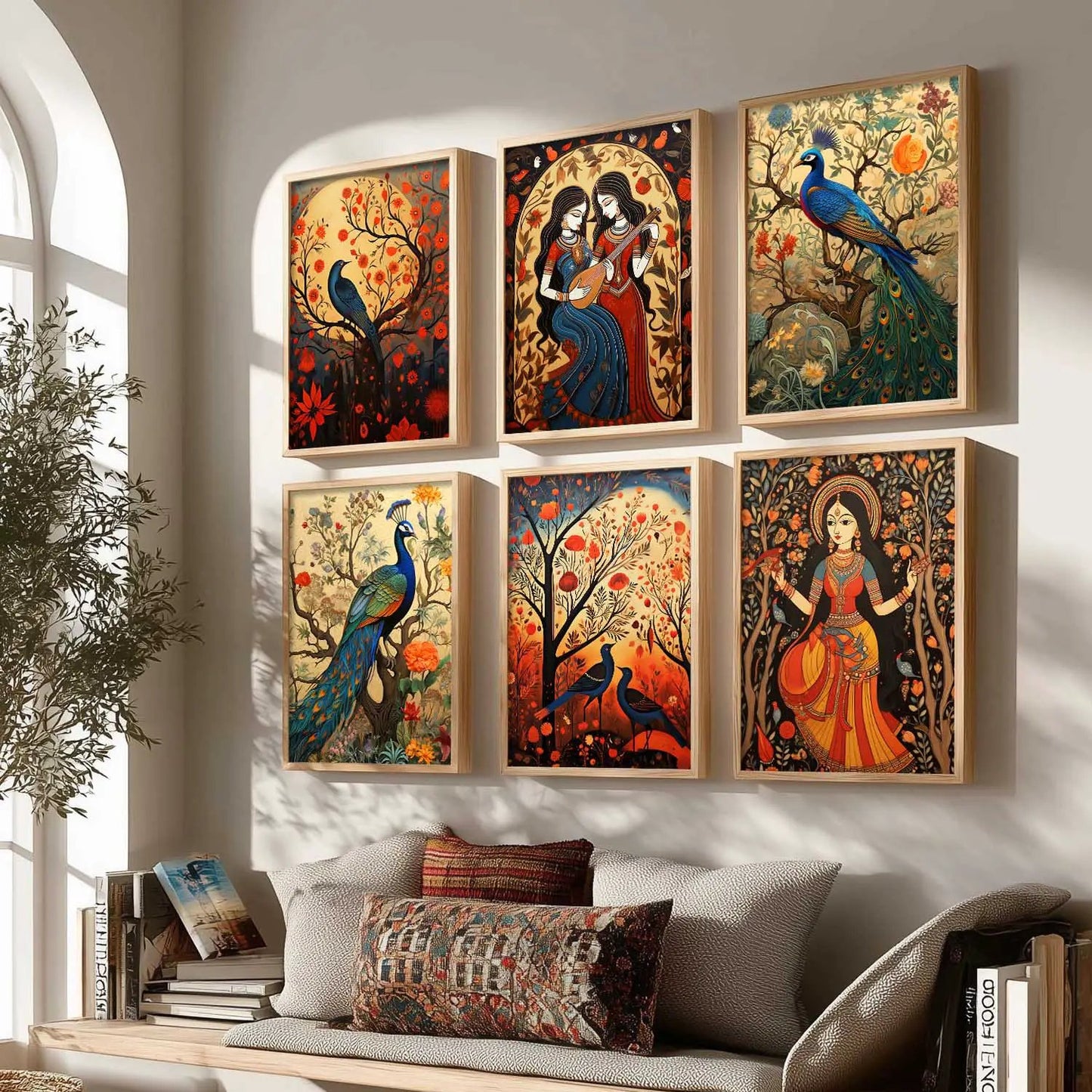 Traditional Indian Inspired Madhubani Art Prints with Frame for Living Room Bedroom Home and Office Wall Decor Set of 6