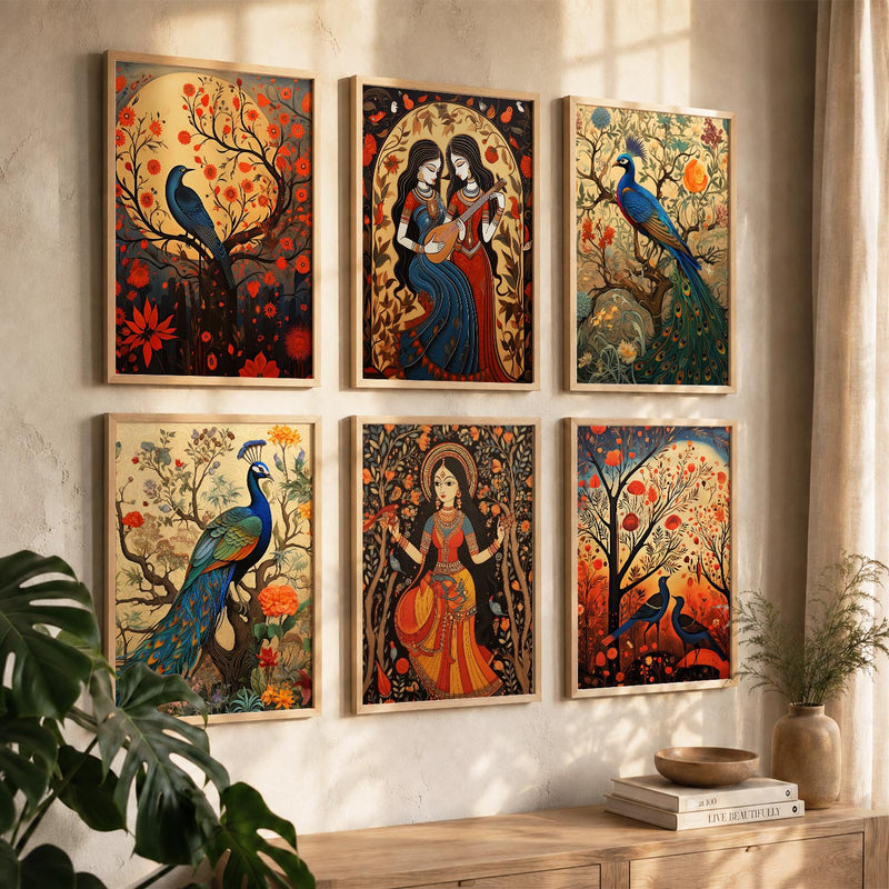 Traditional Indian Inspired Madhubani Art Prints with Frame for Living Room Bedroom Home and Office Wall Decor Set of 6