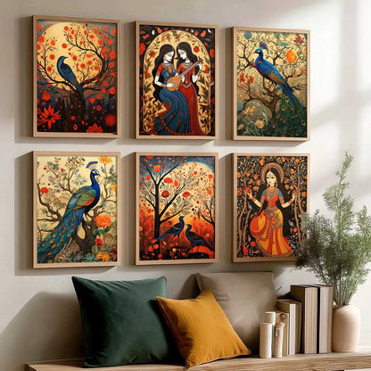 Traditional Indian Inspired Madhubani Art Prints with Frame for Living Room Bedroom Home and Office Wall Decor Set of 6