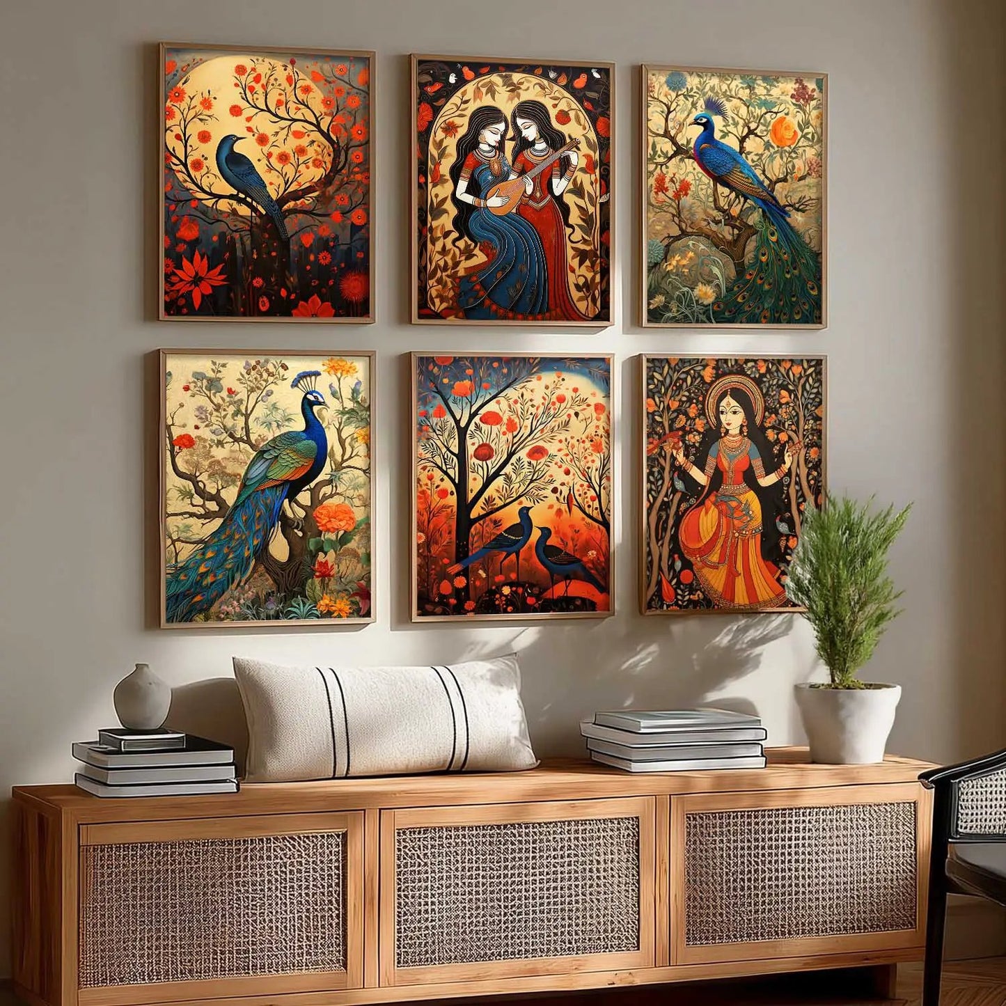 Traditional Indian Inspired Madhubani Art Prints with Frame for Living Room Bedroom Home and Office Wall Decor Set of 6