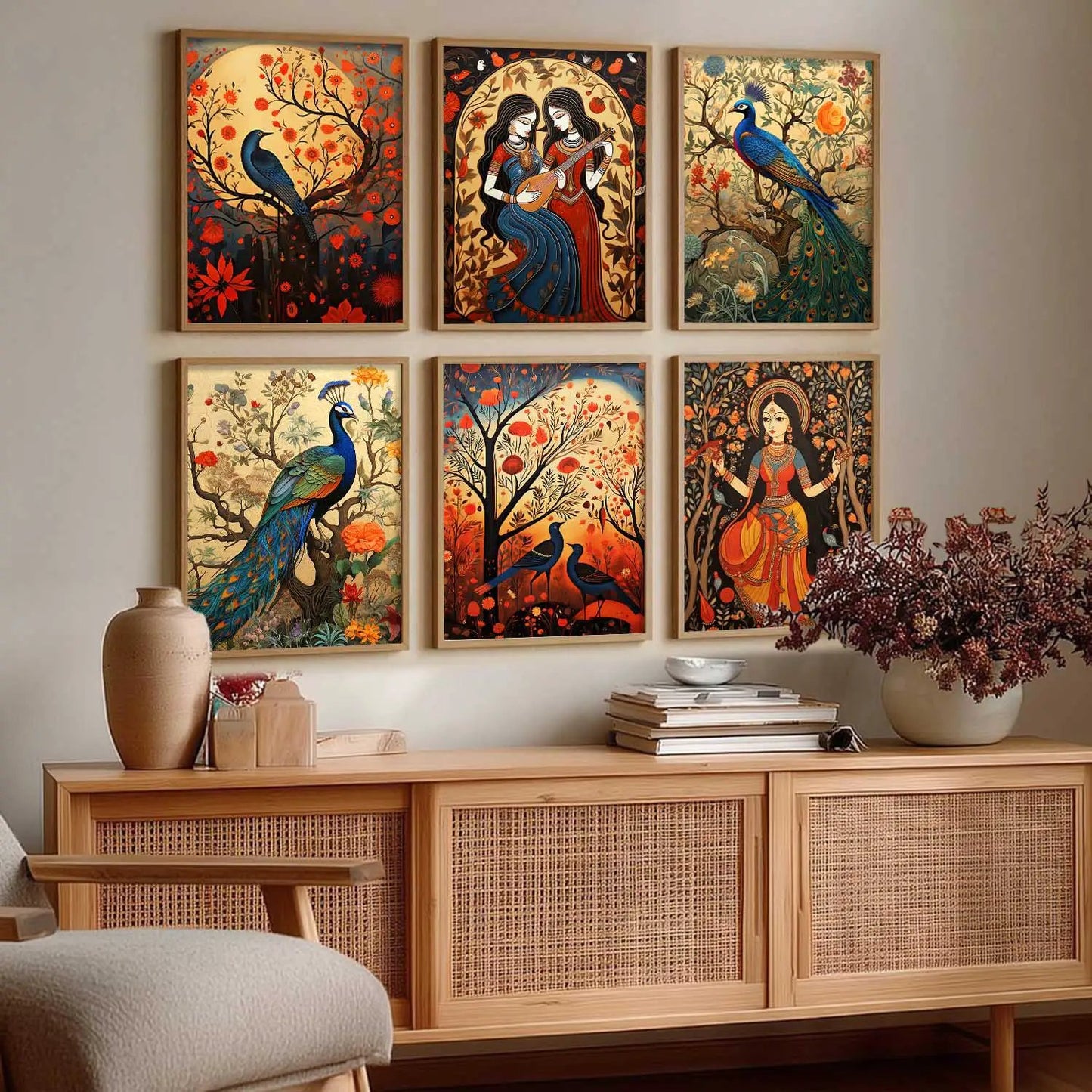 Traditional Indian Inspired Madhubani Art Prints with Frame for Living Room Bedroom Home and Office Wall Decor Set of 6
