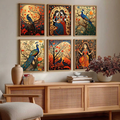 Traditional Indian Inspired Madhubani Art Prints with Frame for Living Room Bedroom Home and Office Wall Decor Set of 6