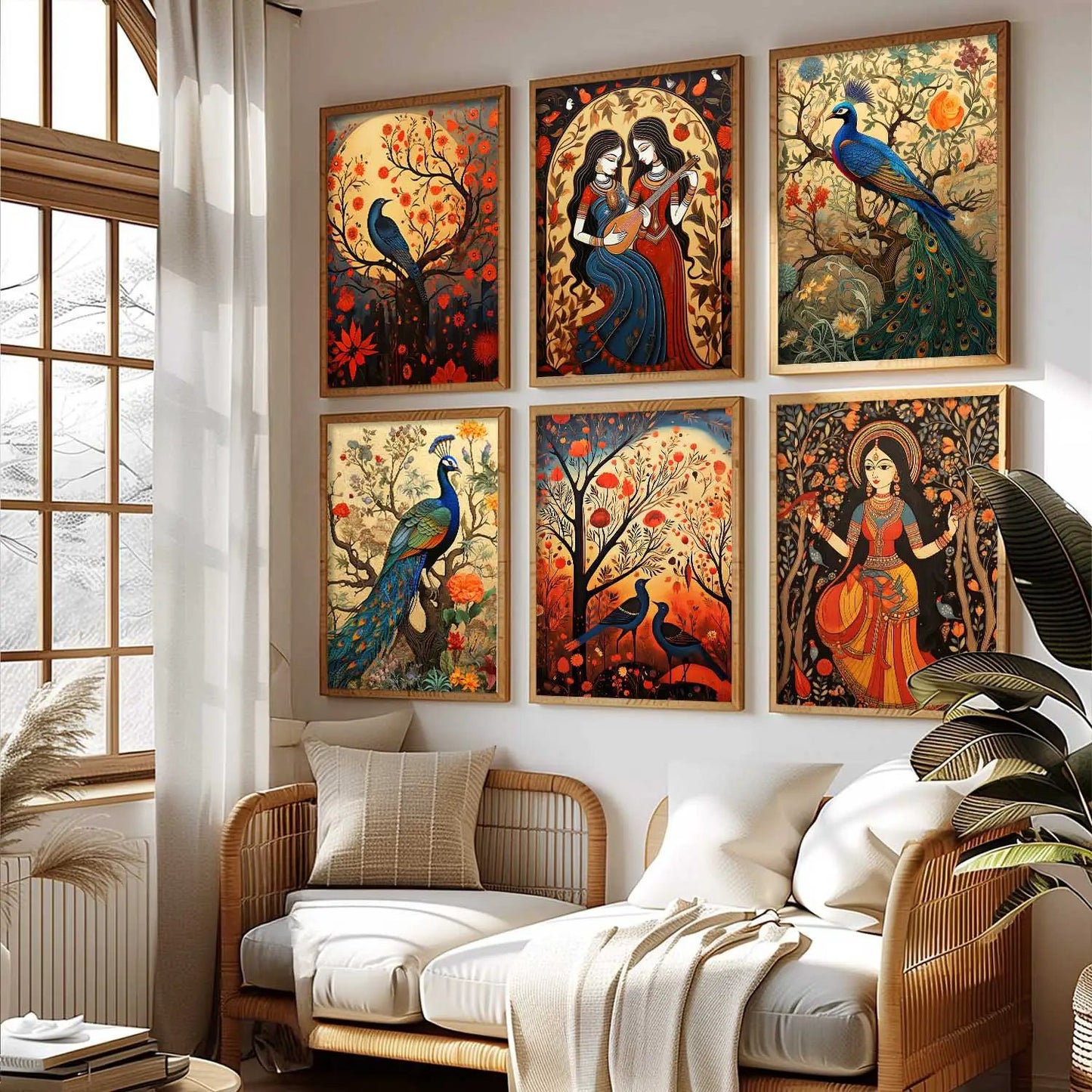 Traditional Indian Inspired Madhubani Art Prints with Frame for Living Room Bedroom Home and Office Wall Decor Set of 6