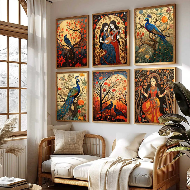 Traditional Indian Inspired Madhubani Art Prints with Frame for Living Room Bedroom Home and Office Wall Decor Set of 6
