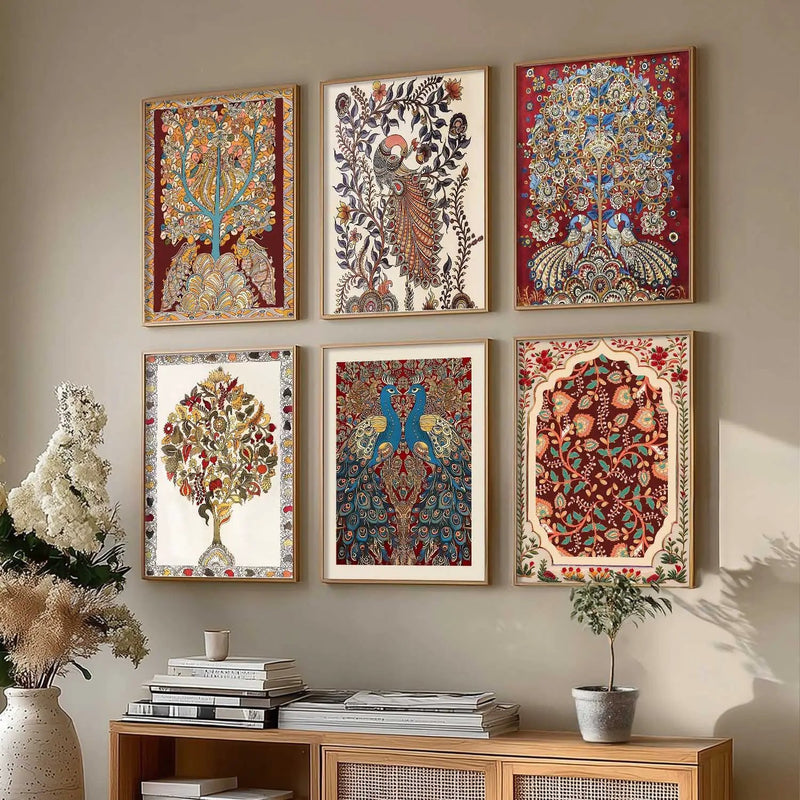 Traditional Indian Inspired Madhubani Art Prints with Frame for Living Room Bedroom Home and Office Wall Decor Set of 6