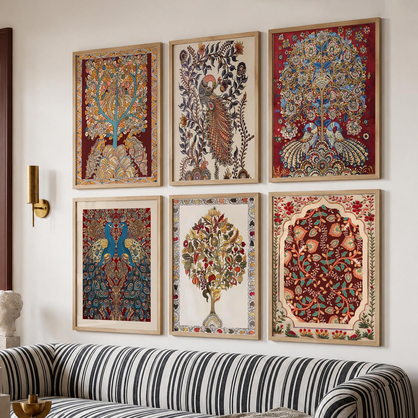 Traditional Indian Inspired Madhubani Art Prints with Frame for Living Room Bedroom Home and Office Wall Decor Set of 6