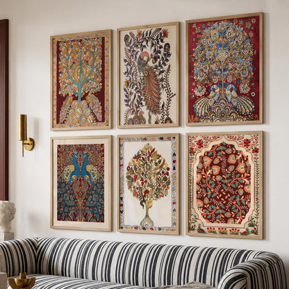 Traditional Indian Inspired Madhubani Art Prints with Frame for Living Room Bedroom Home and Office Wall Decor Set of 6