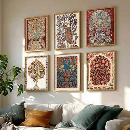 Traditional Indian Inspired Madhubani Art Prints with Frame for Living Room Bedroom Home and Office Wall Decor Set of 6