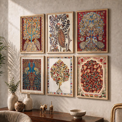 Traditional Indian Inspired Madhubani Art Prints with Frame for Living Room Bedroom Home and Office Wall Decor Set of 6