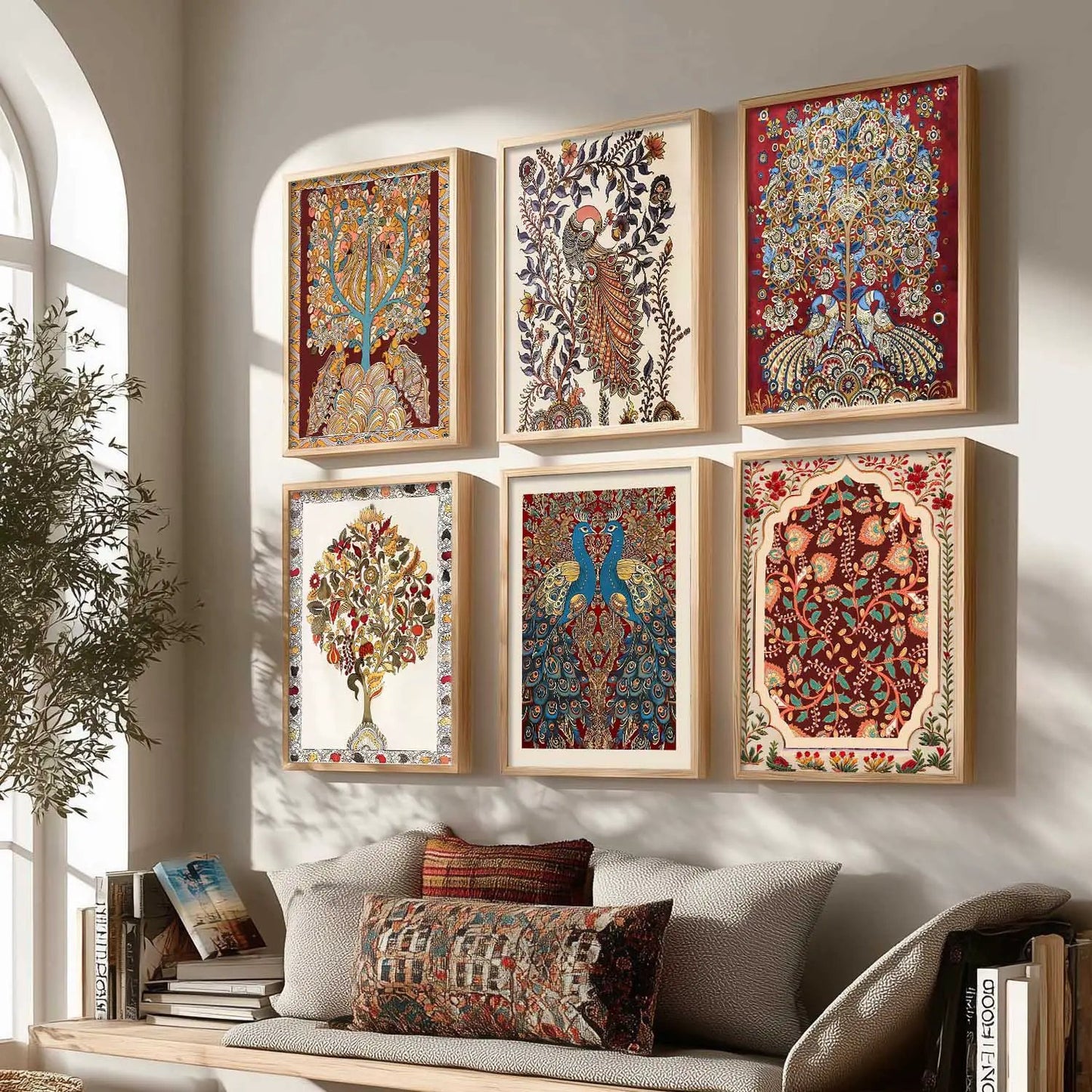 Traditional Indian Inspired Madhubani Art Prints with Frame for Living Room Bedroom Home and Office Wall Decor Set of 6