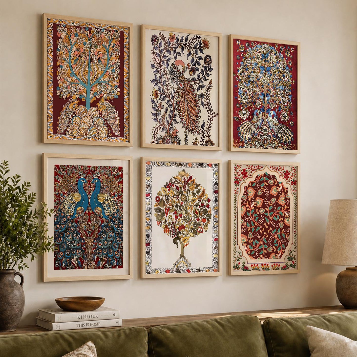Traditional Indian Inspired Madhubani Art Prints with Frame for Living Room Bedroom Home and Office Wall Decor Set of 6