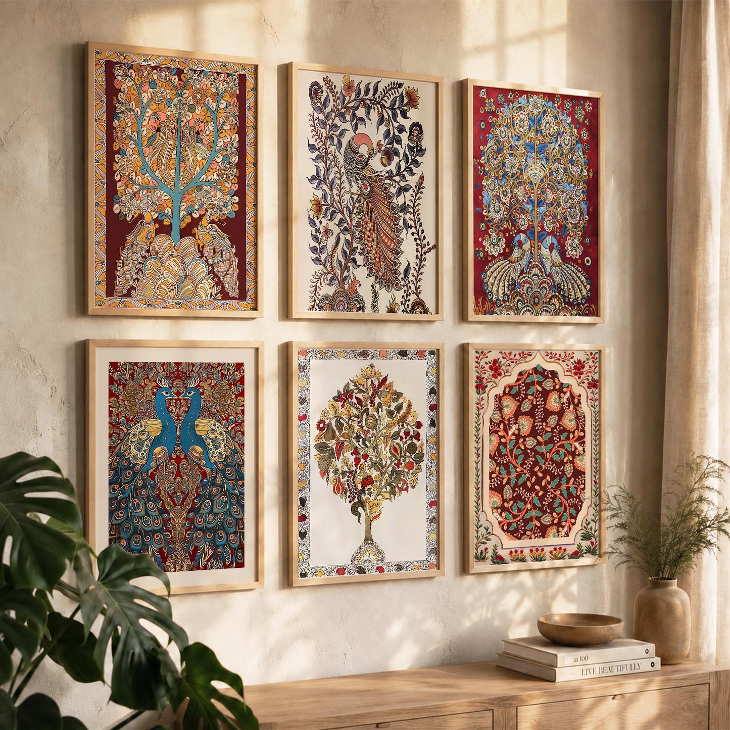 Traditional Indian Inspired Madhubani Art Prints with Frame for Living Room Bedroom Home and Office Wall Decor Set of 6