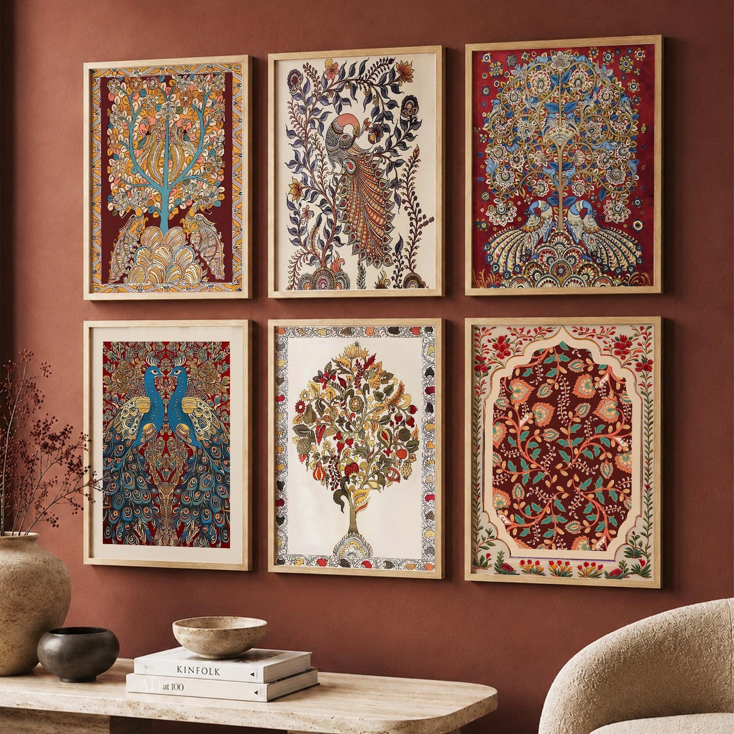 Traditional Indian Inspired Madhubani Art Prints with Frame for Living Room Bedroom Home and Office Wall Decor Set of 6