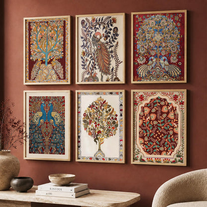 Traditional Indian Inspired Madhubani Art Prints with Frame for Living Room Bedroom Home and Office Wall Decor Set of 6