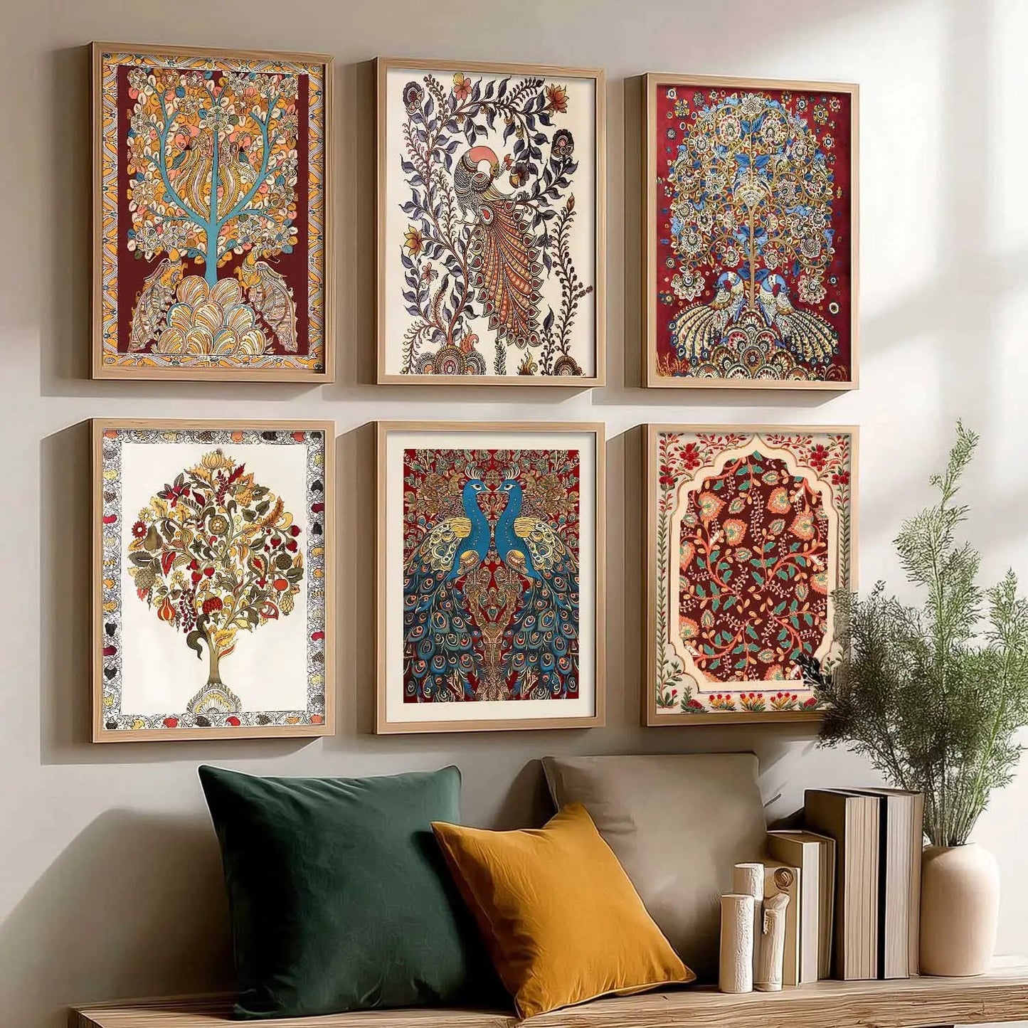 Traditional Indian Inspired Madhubani Art Prints with Frame for Living Room Bedroom Home and Office Wall Decor Set of 6