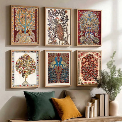 Traditional Indian Inspired Madhubani Art Prints with Frame for Living Room Bedroom Home and Office Wall Decor Set of 6