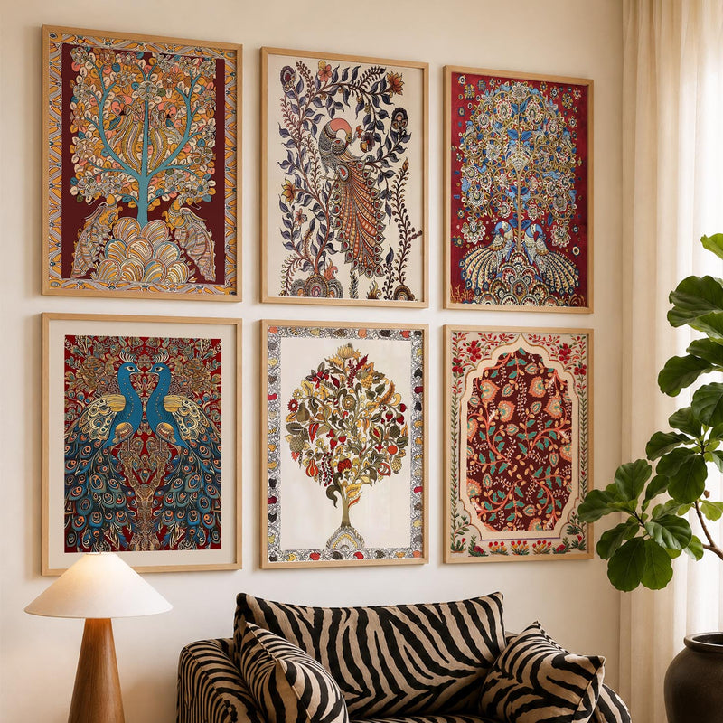 Traditional Indian Inspired Madhubani Art Prints with Frame for Living Room Bedroom Home and Office Wall Decor Set of 6