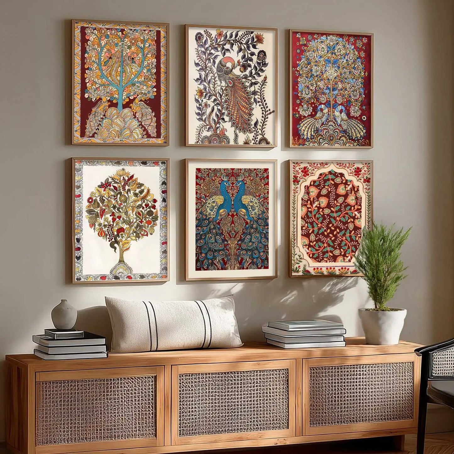Traditional Indian Inspired Madhubani Art Prints with Frame for Living Room Bedroom Home and Office Wall Decor Set of 6
