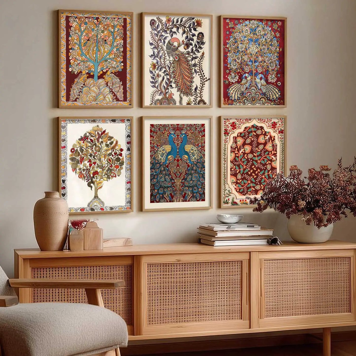 Traditional Indian Inspired Madhubani Art Prints with Frame for Living Room Bedroom Home and Office Wall Decor Set of 6