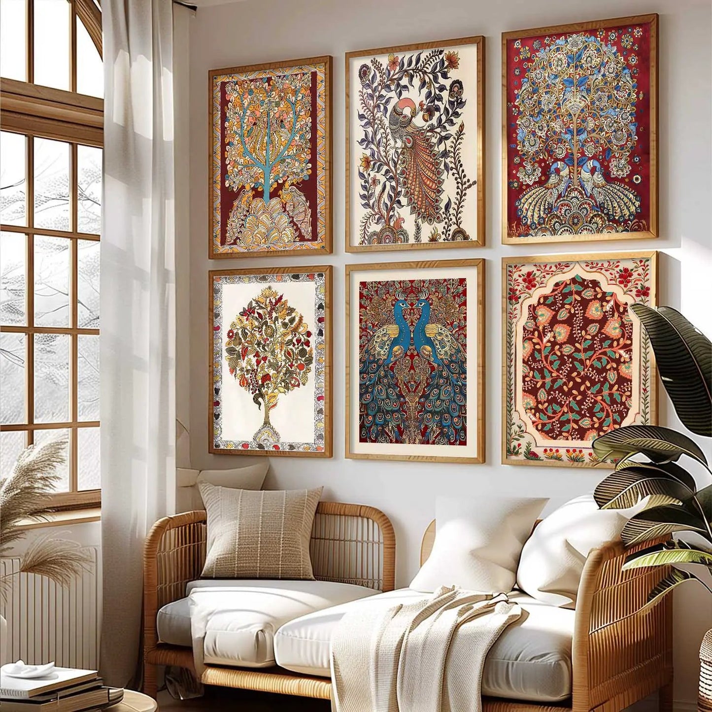 Traditional Indian Inspired Madhubani Art Prints with Frame for Living Room Bedroom Home and Office Wall Decor Set of 6