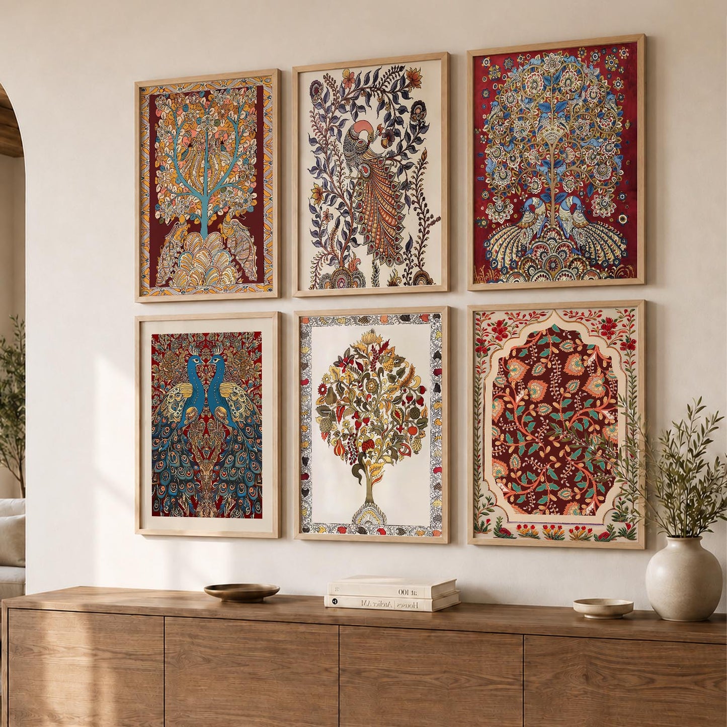 Traditional Indian Inspired Madhubani Art Prints with Frame for Living Room Bedroom Home and Office Wall Decor Set of 6