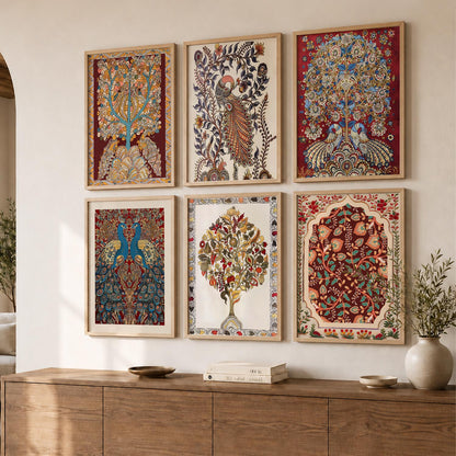 Traditional Indian Inspired Madhubani Art Prints with Frame for Living Room Bedroom Home and Office Wall Decor Set of 6