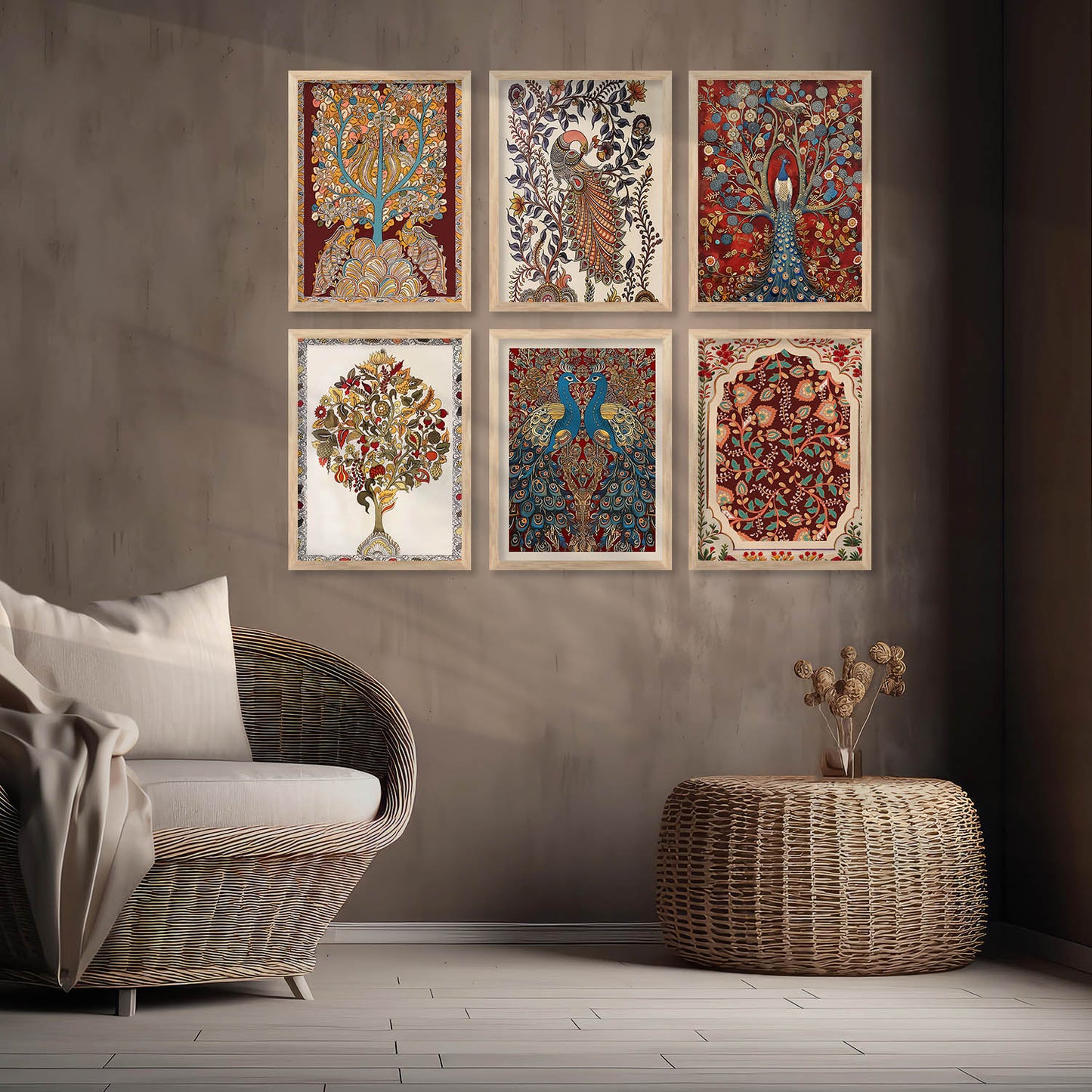 Traditional Indian Inspired Madhubani Art Prints with Frame for Living Room Bedroom Home and Office Wall Decor Set of 6