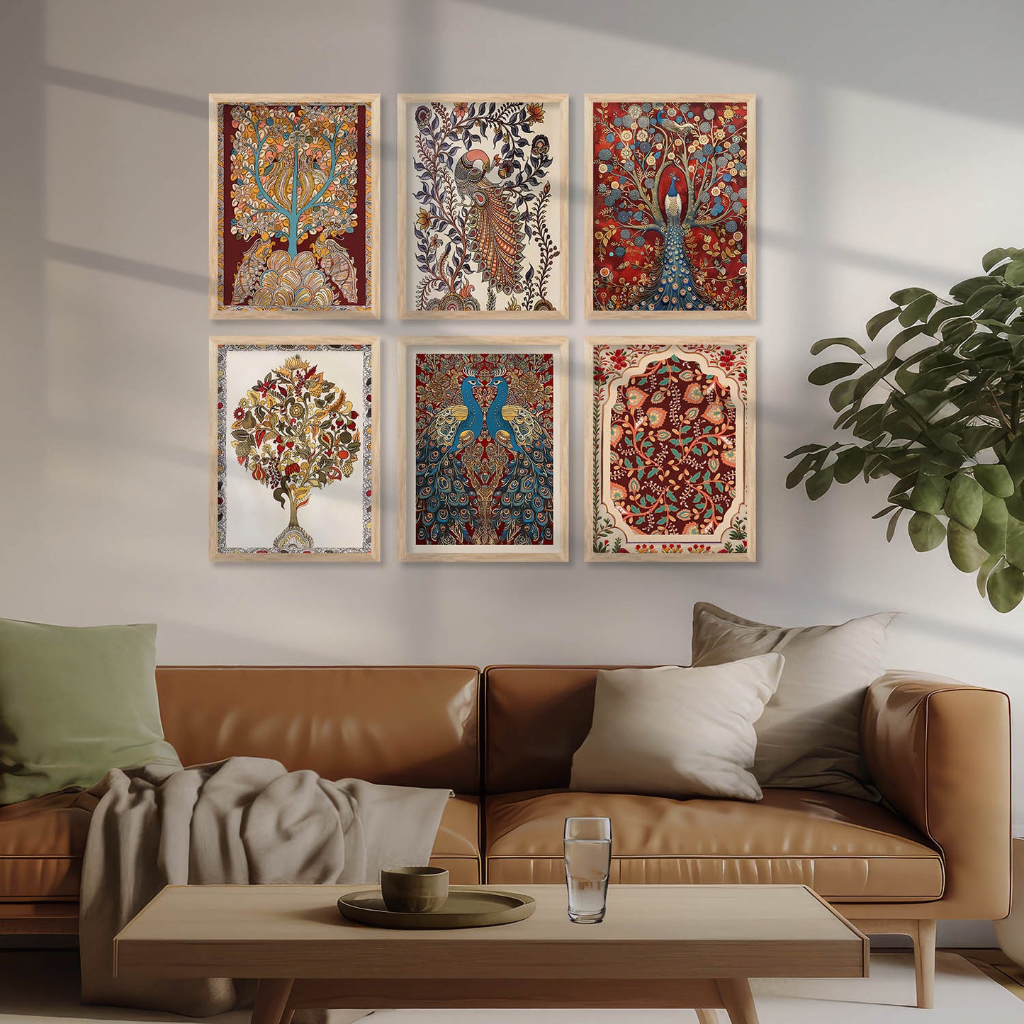 Traditional Indian Inspired Madhubani Art Prints with Frame for Living Room Bedroom Home and Office Wall Decor Set of 6