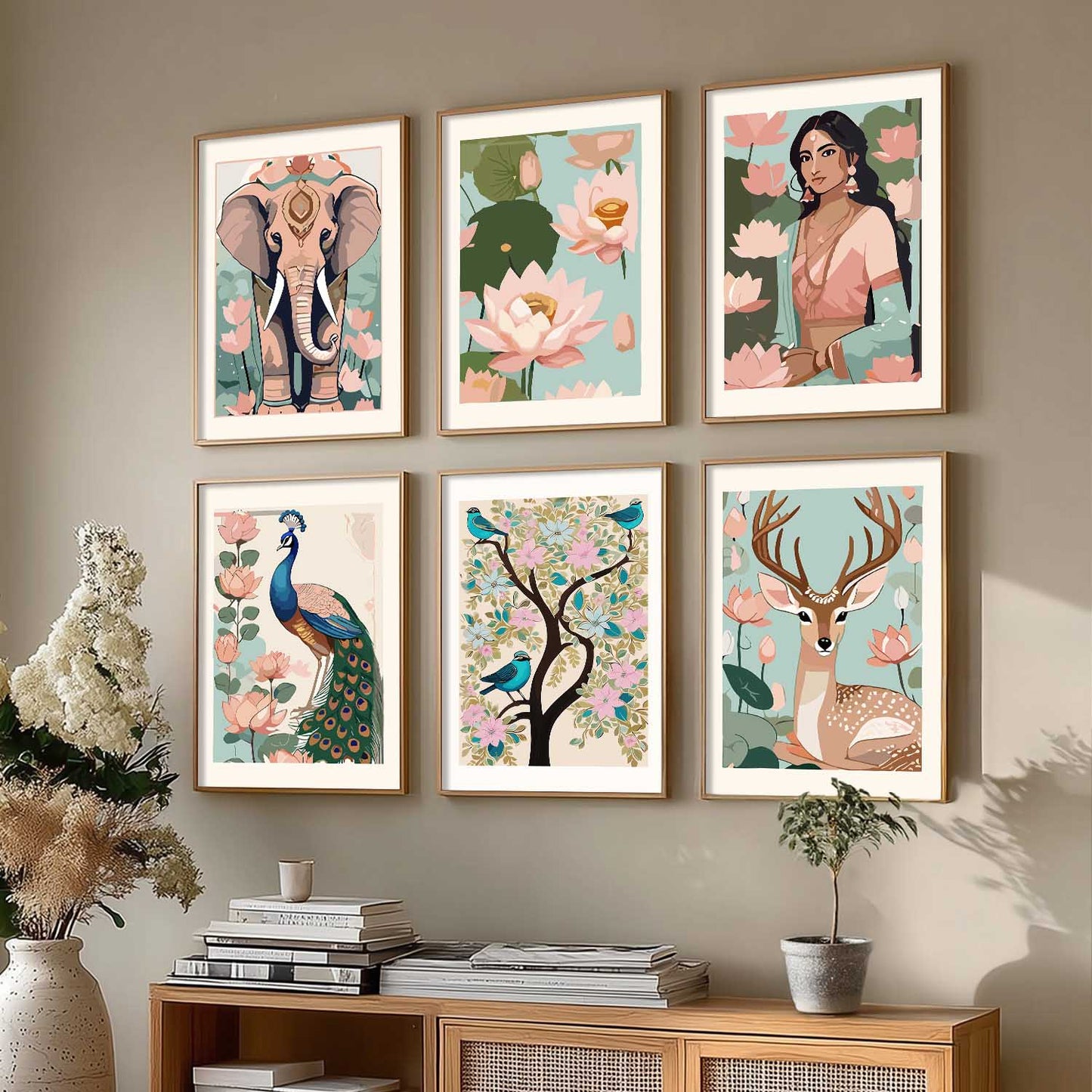 Nature Inspired Modern Art Prints with Frame for Living Room Bedroom Home and Office Wall Decor Set of 6