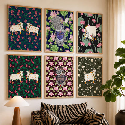 Traditional Indian Inspired Pichawai Art Prints with Frame for Living Room Bedroom Home and Office Wall Decor Set of 6