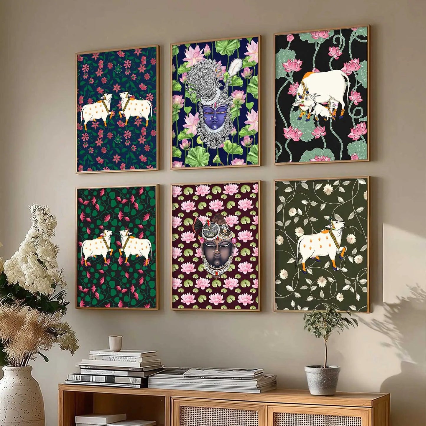 Traditional Indian Inspired Pichawai Art Prints with Frame for Living Room Bedroom Home and Office Wall Decor Set of 6 by Kotart store