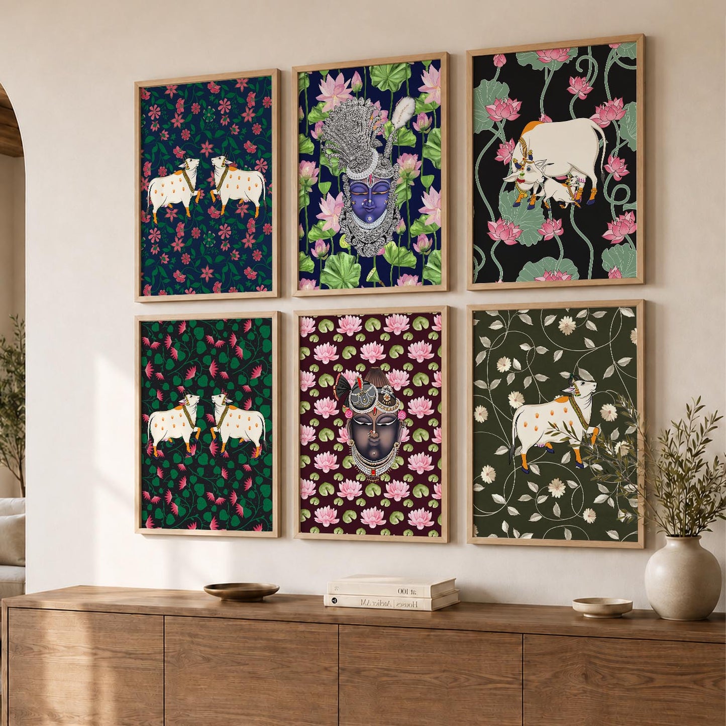 Traditional Indian Inspired Pichawai Art Prints with Frame for Living Room Bedroom Home and Office Wall Decor Set of 6