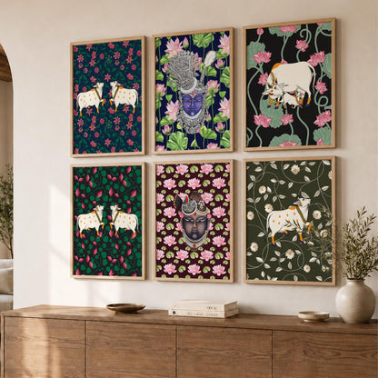 Traditional Indian Inspired Pichawai Art Prints with Frame for Living Room Bedroom Home and Office Wall Decor Set of 6