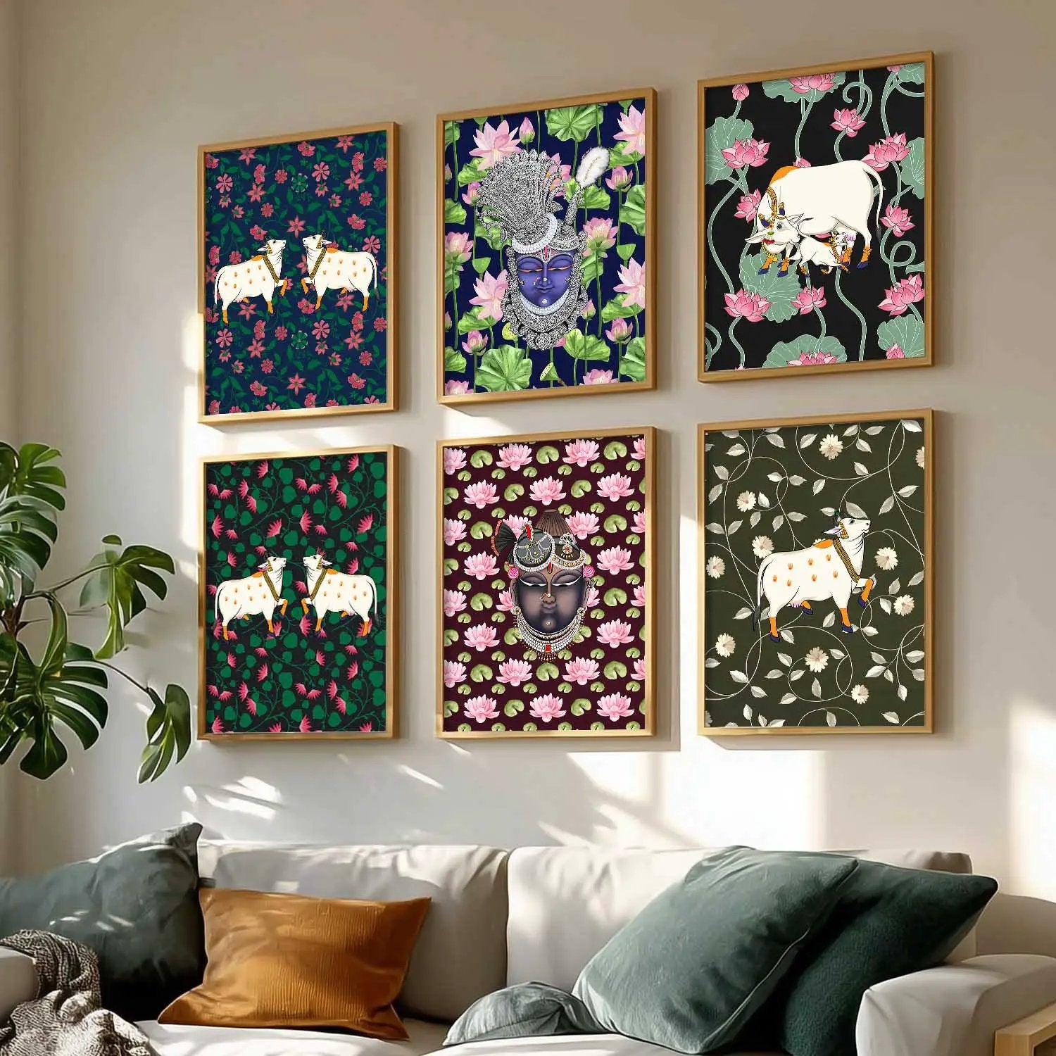 Traditional Indian Inspired Pichawai Art Prints with Frame for Living Room Bedroom Home and Office Wall Decor Set of 6 by Kotart store