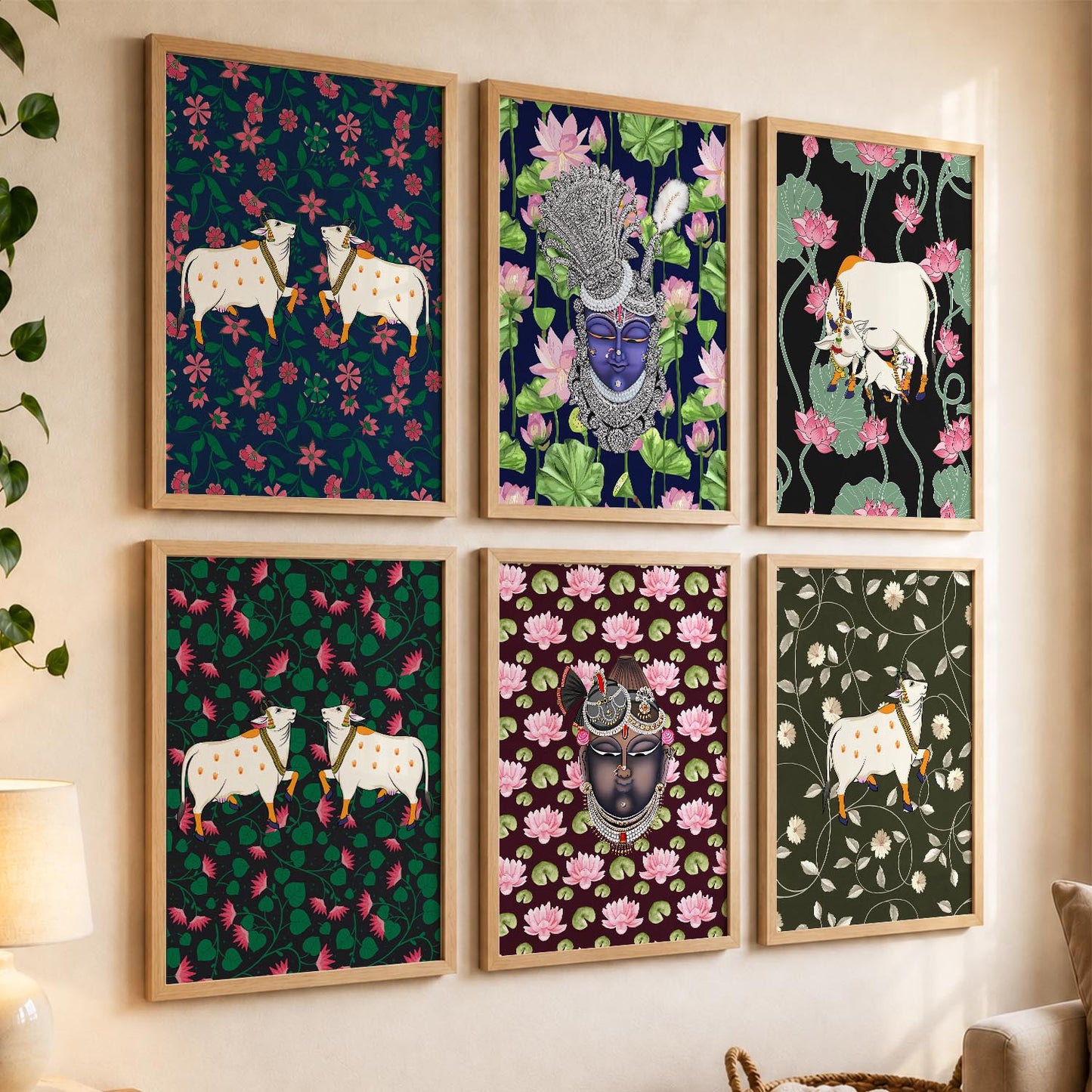 Traditional Indian Inspired Pichawai Art Prints with Frame for Living Room Bedroom Home and Office Wall Decor Set of 6