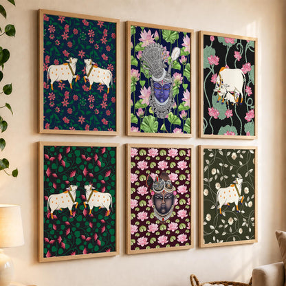 Traditional Indian Inspired Pichawai Art Prints with Frame for Living Room Bedroom Home and Office Wall Decor Set of 6