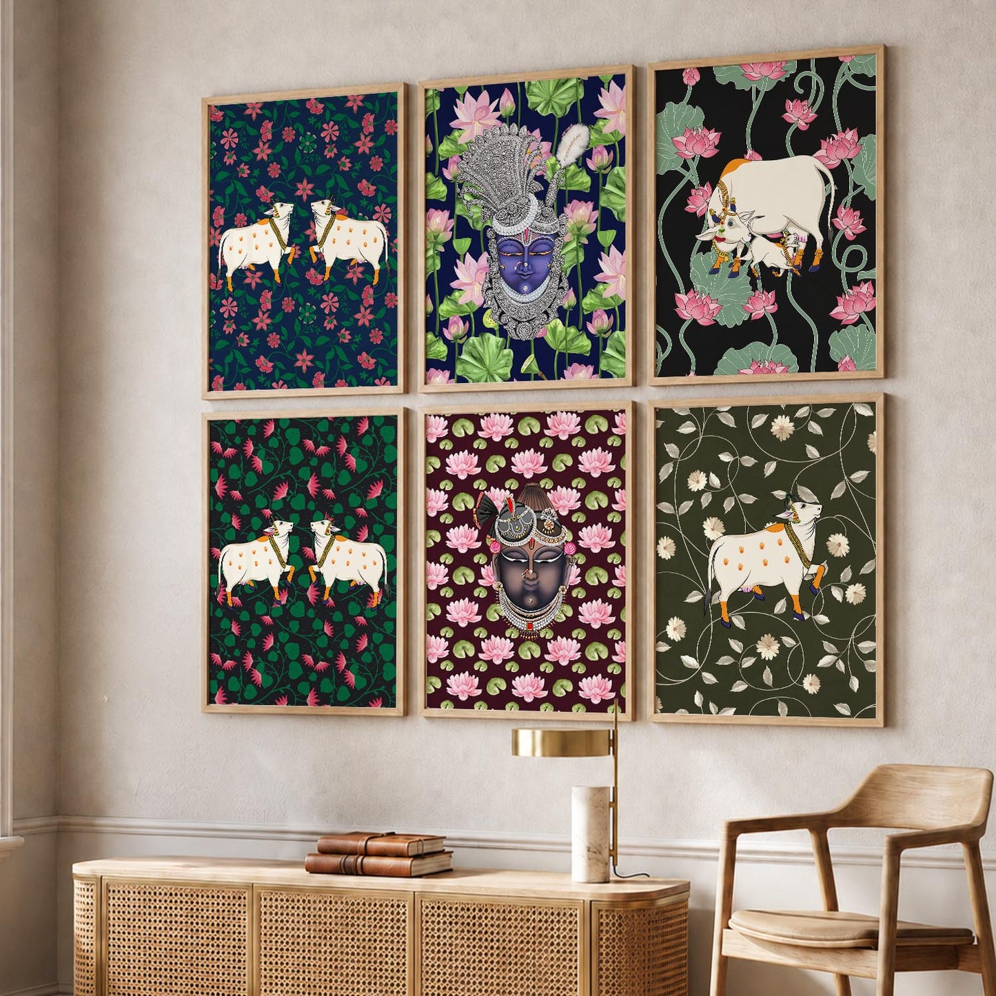 Traditional Indian Inspired Pichawai Art Prints with Frame for Living Room Bedroom Home and Office Wall Decor Set of 6