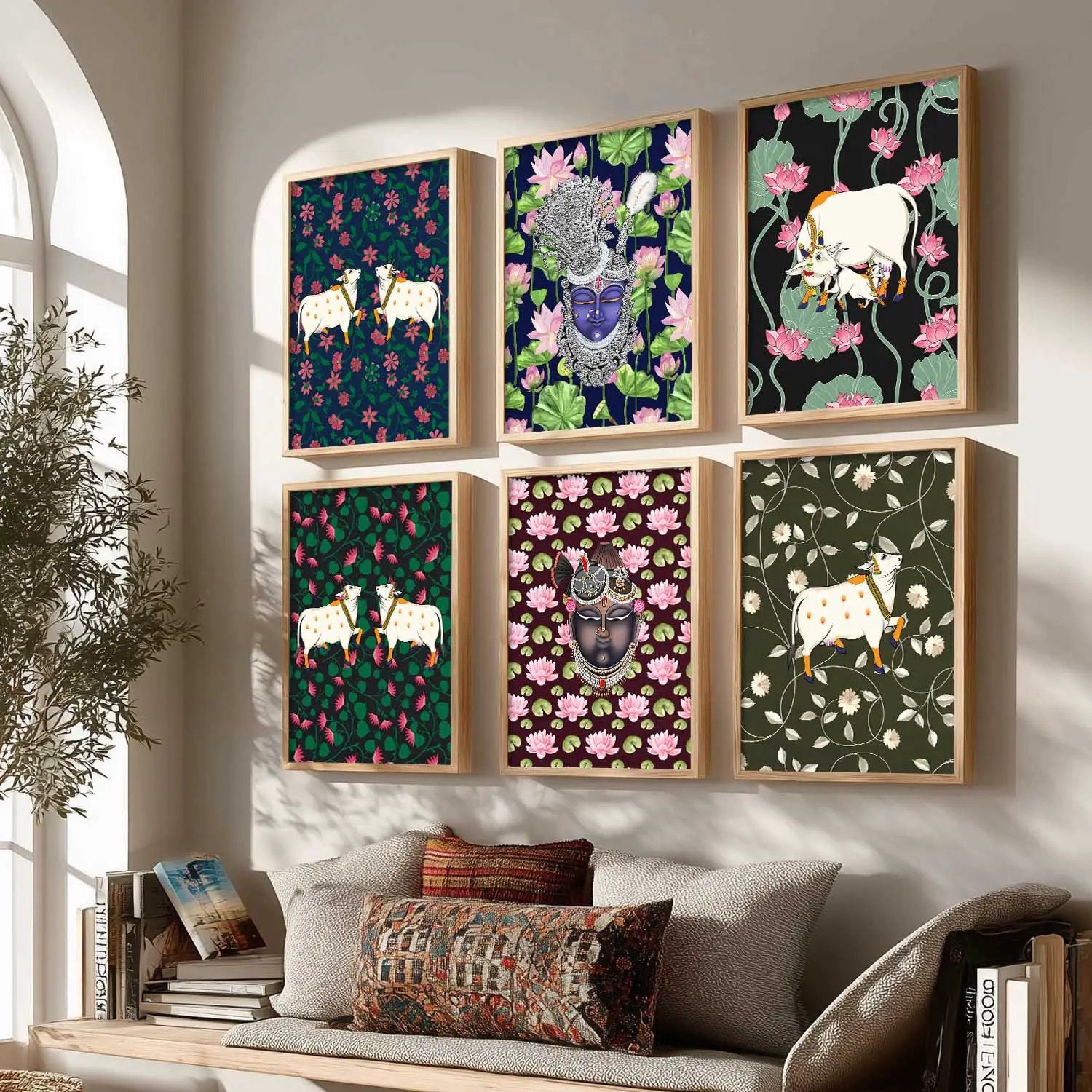 Traditional Indian Inspired Pichawai Art Prints with Frame for Living Room Bedroom Home and Office Wall Decor Set of 6 by Kotart store