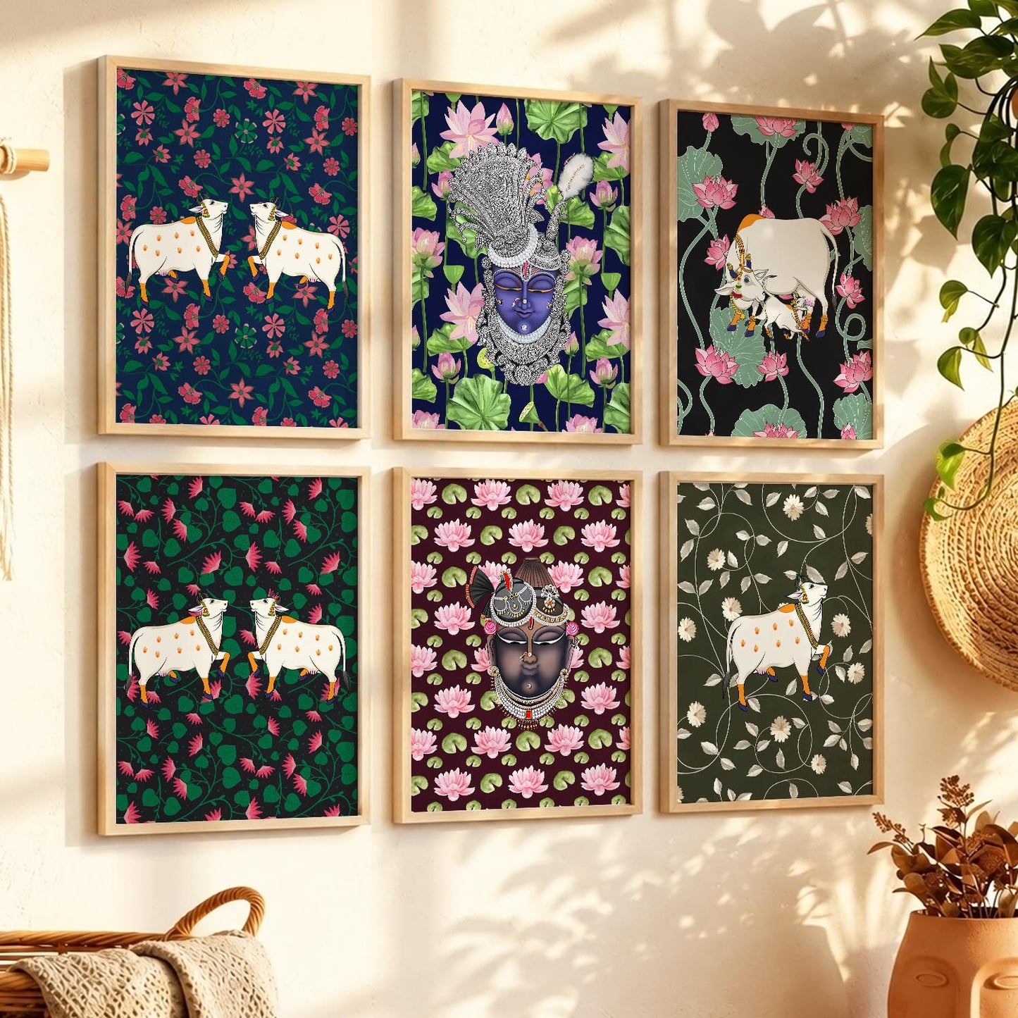 Traditional Indian Inspired Pichawai Art Prints with Frame for Living Room Bedroom Home and Office Wall Decor Set of 6