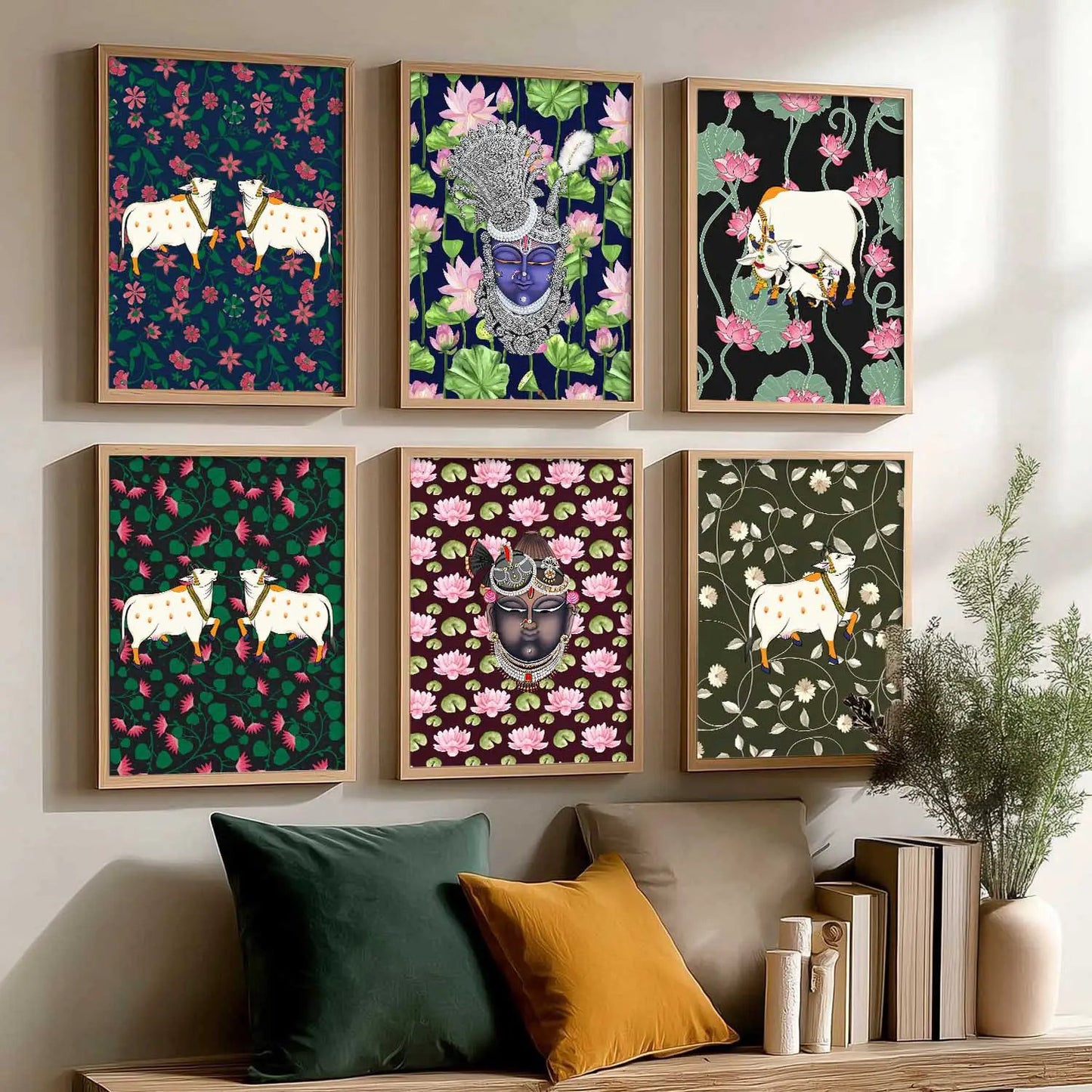Traditional Indian Inspired Pichawai Art Prints with Frame for Living Room Bedroom Home and Office Wall Decor Set of 6 by Kotart store