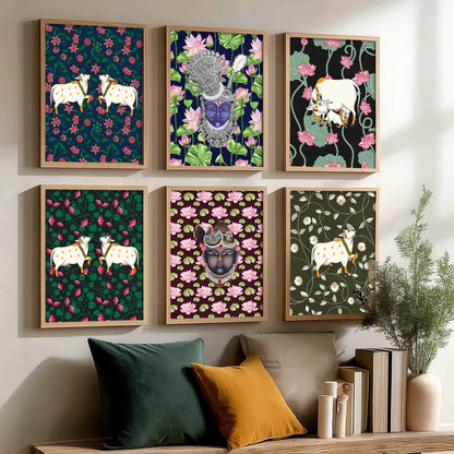 Traditional Indian Inspired Pichawai Art Prints with Frame for Living Room Bedroom Home and Office Wall Decor Set of 6 by Kotart store