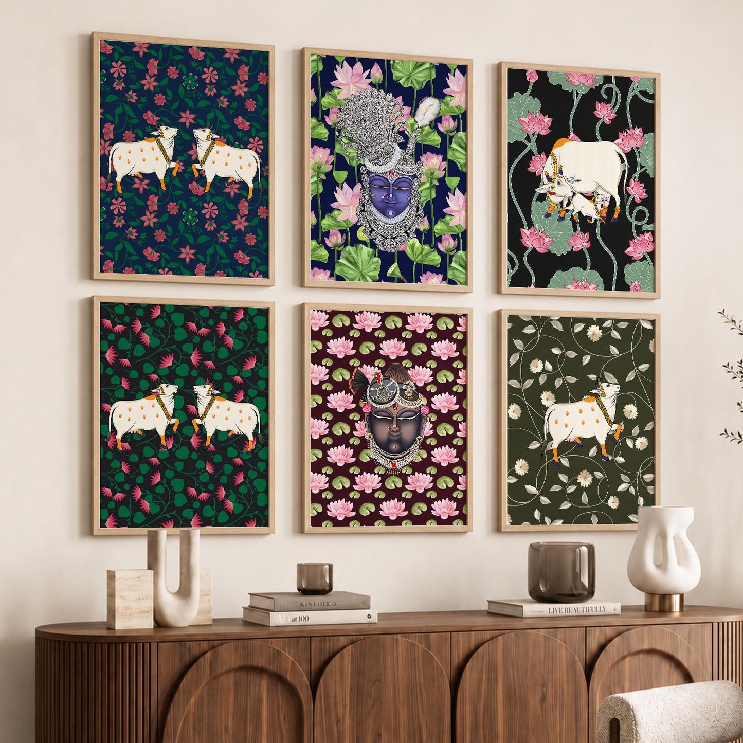 Traditional Indian Inspired Pichawai Art Prints with Frame for Living Room Bedroom Home and Office Wall Decor Set of 6