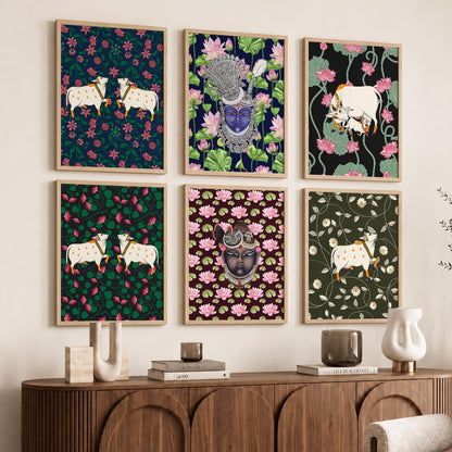Traditional Indian Inspired Pichawai Art Prints with Frame for Living Room Bedroom Home and Office Wall Decor Set of 6