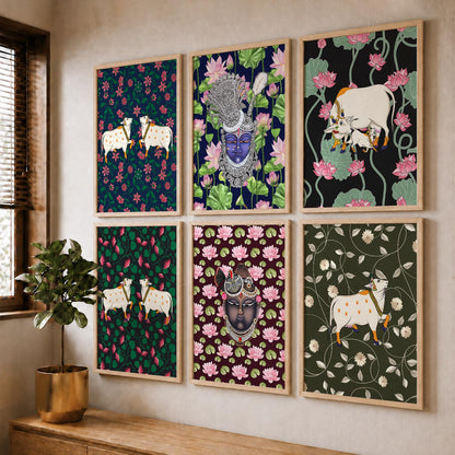 Traditional Indian Inspired Pichawai Art Prints with Frame for Living Room Bedroom Home and Office Wall Decor Set of 6