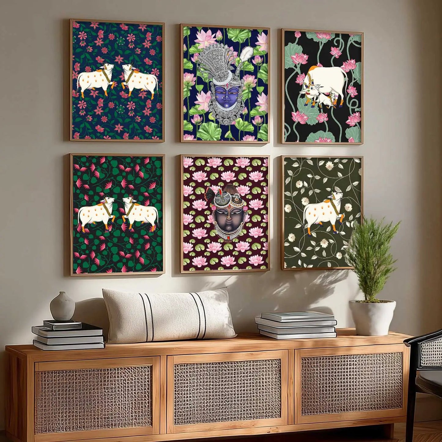 Traditional Indian Inspired Pichawai Art Prints with Frame for Living Room Bedroom Home and Office Wall Decor Set of 6 by Kotart store